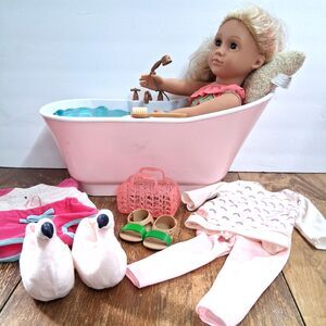 OG 18" Doll w/ Pink Bathtub Set w/ Sounds, 3 Outfits - Fits American Girl Dolls